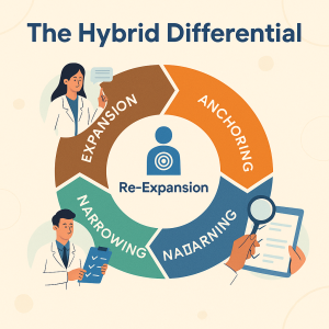 Beyond the Traditional Differential: Toward a Hybrid Logic of Diagnostic Reasoning 13 Medical diagram illustrating the hybrid differential approach in clinical diagnosis, showing the cycle of expansion, anchoring, narrowing, and re-expansion to balance speed and safety