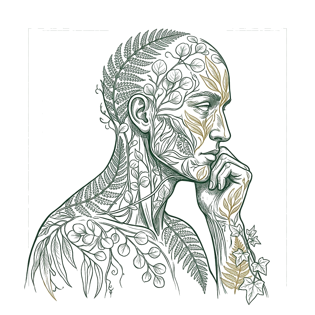 Human figure composed of botanical line art, deep forest green on warm paper background. Fine ink illustration style.