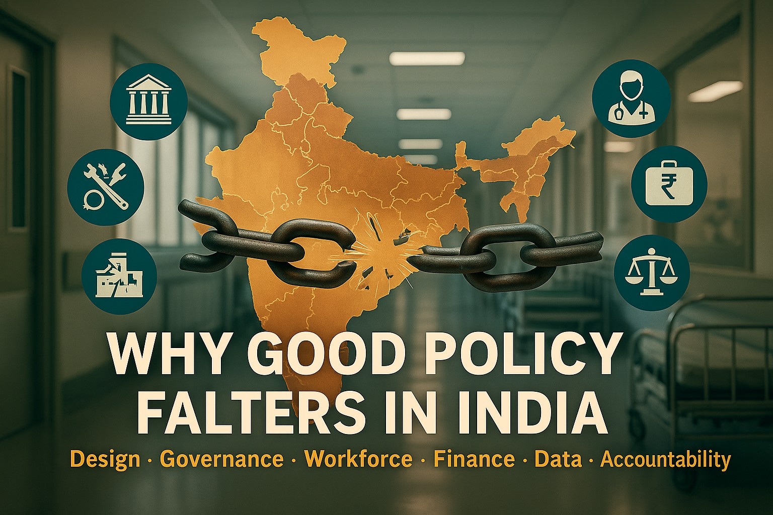 Series 2 :Policy and Praxis — Why Good Policy Falters in India 17 Illustration depicting challenges in India’s health policy implementation and universal health coverage reforms.