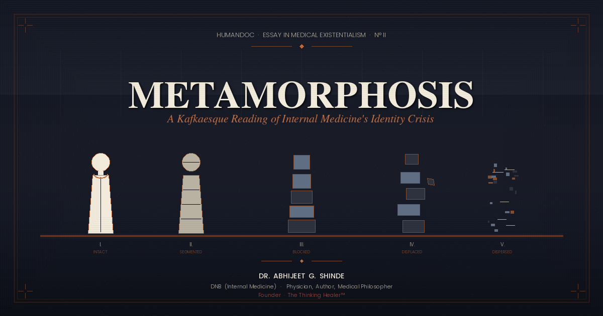 Metamorphosis - A Kafkaesque reading of internal medicine's identity crisis by Dr. Abhijeet G. Shinde, showing the physician fragmenting into bureaucratic forms under institutional pressure